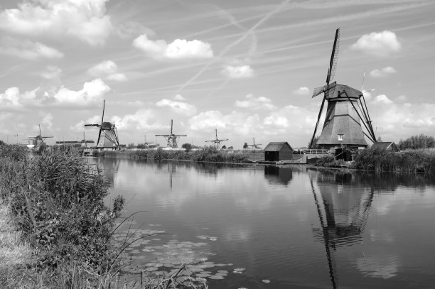 Windmills on the side of a canal